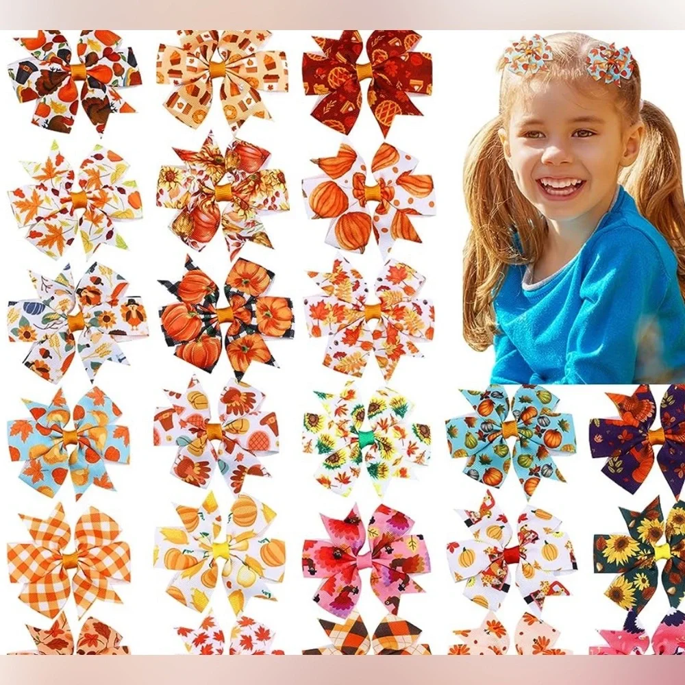 NWT 24 Pieces Hair Bows Clips, Available in Halloween or Thanksgiving Designs
